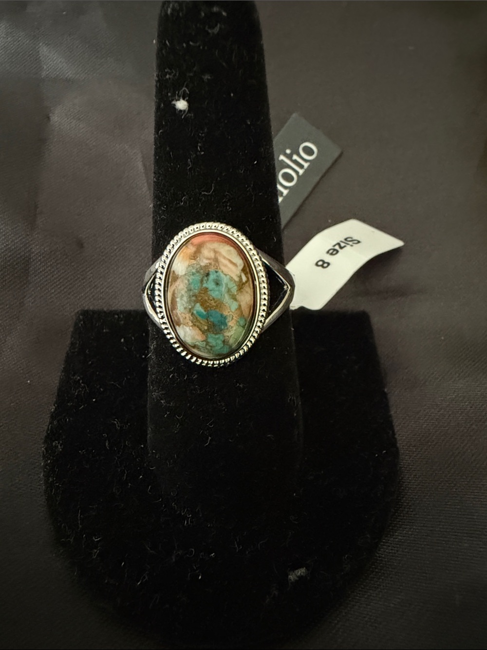 Turquoise and Brown Stone Oval Sterling-Style Women's Ring - Size 8